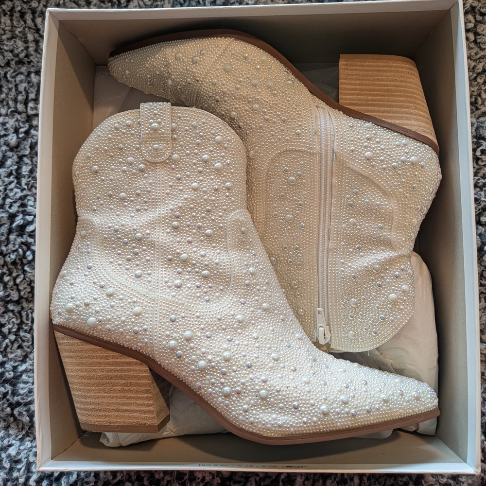 Betsey Johnson White Pearl Embellished Ankle Boots
